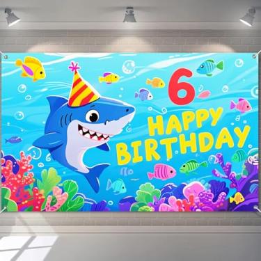 Imagem de BlissYard Banner Happy 6th Birthday Ocean World Decrations Adventure Under The Sea Pano de fundo fotográfico 180 x 109 cm com chapéu de festa tubarão peixe colorido para meninos e meninas festa de 6