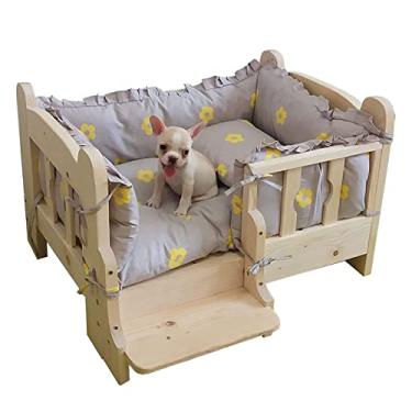 Imagem de Cama de madeira para cães, cama de madeira para animais de estimação, sofá elevado para animais de estimação, berço, cama de madeira para animais de estimação com conjunto de almofadas cinza