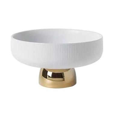 Imagem de Tigela de frutas de cerâmica, tigela de salada redonda branca, prato de sobremesa de pé alto, bandeja de servir elegante para mesa de café, exibição de lanche ou bancada