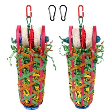 Imagem de JINYOND 2 peças de brinquedos de forrageamento de papagaio com ganchos de metal substituíveis, cesta de bambu natural, brinquedos de pássaros para cacatuas, conures, periquitos, trituração, mastigação