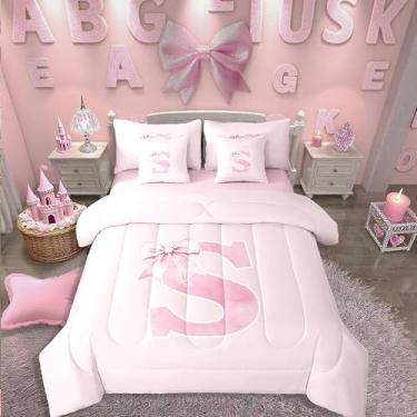 Imagem de Erosebridal Conjunto de cama solteiro de 7 peças, com laço monogramado com monograma, para meninas e adolescentes, Coquette na moda, cama com laço rosa preppy em uma bolsa, decoração de quarto de