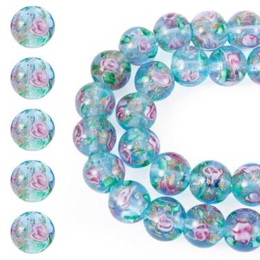 Imagem de Spritewelry 40 contas de vidro lampwork para pulseiras, contas de vidro rosa Rondelle de 10 mm para fazer joias, contas espaçadoras redondas de areia dourada com flor para colar, brincos, artesanato