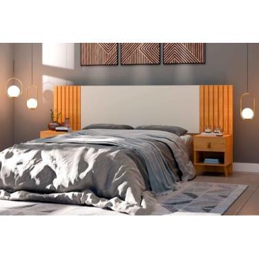 Imagem de Cabeceira Box Casal Lady Ripado com Criados Embutidos, 140-160 cm, Madeira Natural, Design Moderno (Cedro/OffWhite)