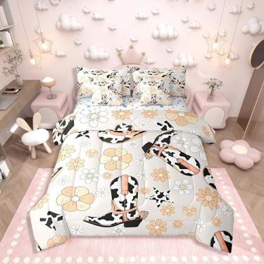 Imagem de Erosebridal Conjunto de cama solteiro vaqueira ocidental, estampa de vaca leiteira, 7 peças, conjunto de edredom com estampa de vaca leiteira, chapéu de vaqueira, cama floral country em uma bolsa com
