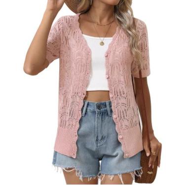 Imagem de Cardigan Zeagoo feminino de manga curta com decote em V, botão rosa