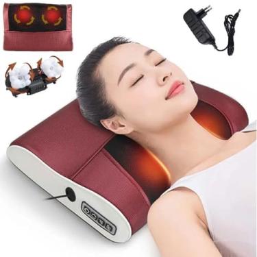 Imagem de Almofada Massageadora Elétrica Relaxante, Aquecimento e Massagem Shiatsu, Controle de 3 Velocidades, Vermelho e Branco