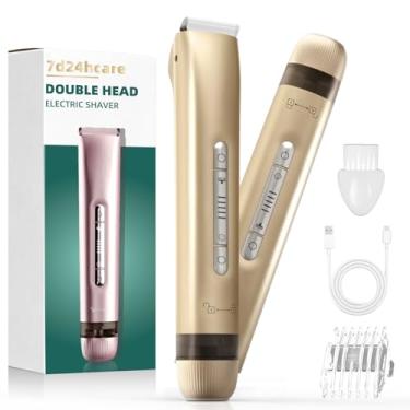 Imagem de 7d24hcare Aparador de biquíni para mulheres, barbeador elétrico 2 em 1, aparador de biquíni de cabeça dupla para mulheres, IPX7, à prova d'água, aparador de pelos corporais e removedor de pelos