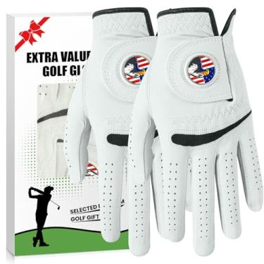 Imagem de Luvas de golfe masculinas Cabretta de couro com marcador de bola, pacote com 2, aderência antiderrapante para todos os climas para golfista canhoto destro, luva de golfe masculina premium respirável