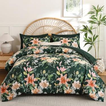 Imagem de Drucon Conjunto de edredom King Size – 7 peças, floral, verde-escuro, macio, cama king size em uma bolsa com edredom, lençóis, fronhas e fronhas