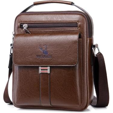 Imagem de Bolsa mensageiro masculina transversal pequena vintage couro PU bolsa bolsa transversal lateral, Bolsa masculina marrom escuro