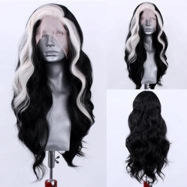 Imagem de Peruca de renda preta com destaques brancos ondulado de corpo longo peruca frontal sintética mistura de cor sem cor peruca de linha fina natural uso diário cosplay festa peruca 61 cm