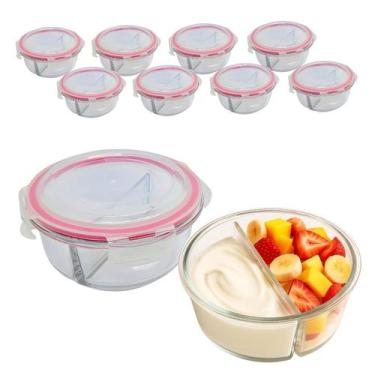 Imagem de Kit 8 Potes De Vidro 630ml 2 Divisórias Hermético Marmita Fit Com Trav