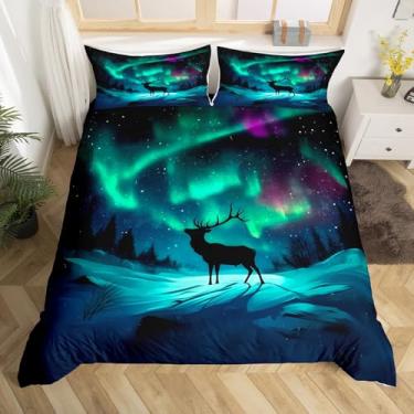 Imagem de Erosebridal Jogo de cama Queen com estampa de veado aurora aurora boreal para crianças e adultos, casa de fazenda, noite estrelada, natureza, edredom com 2 fronhas, decoração de quarto (sem edredom)