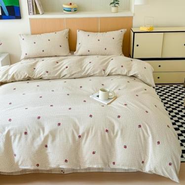 Imagem de BlueBlue Conjunto de capa de edredom infantil, conjunto de cama 100% algodão, estampa de desenho animado, 1 capa de edredom e 2 fronhas (xadrez morango, casal/queen (221 x 233 cm)