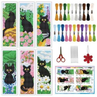 Imagem de INFUNLY 6 peças/conjunto de marcadores de página de ponto cruz de gato preto com estampa de paisagem DIY bordado para leitores, flores, marcadores feitos à mão em ponto cruz para adultos com