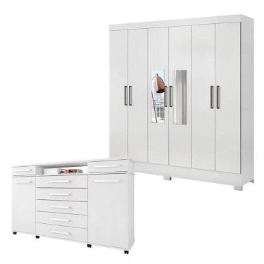 Imagem de Cômoda London E Guarda Roupa Casal Prático Branco Com Espelho - Demóbile