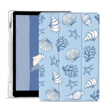 Imagem de JOYLAND Capa Ocean compatível com iPad Air 6 2024/iPad Air 5 2022/iPad Air 4 2020 com suporte de lápis padrão coral concha de couro azul capa dobrável despertar/hibernar automaticamente