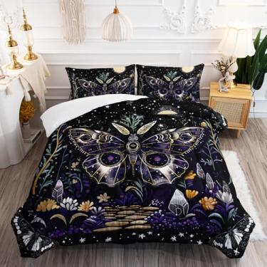 Imagem de AILONEN Conjunto de edredom solteiro com mariposa gótica, boêmio, botânico, lua, 3 peças, galáxia, roxo, mariposa, edredom macio com 2 fronhas