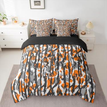 Imagem de Jogo de cama queen size camuflado em uma bolsa com edredom, lençóis, fronhas e capa de almofada, camuflado, caça, 7 peças, feminino, masculino, ultramilitar, conjunto de edredom com lençóis, laranja e