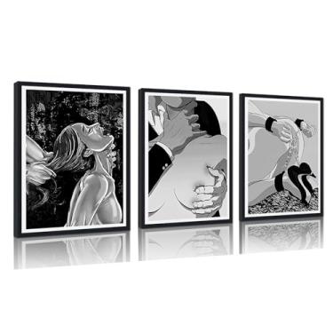 Imagem de Arte de parede emoldurada para quarto decoração de parede mulher sexy conjunto de impressão preto e branco pôster casal sensual arte romântica para bar hotel apartamento decoração pronto para pendurar