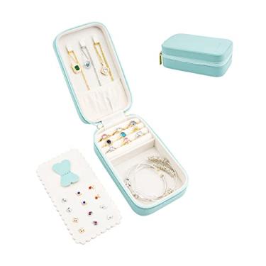 Imagem de BONNY DODO Pequena caixa organizadora de joias de viagem para mulheres com mini estojo de joias portátil de couro PU com compartimentos para colar, anéis, brincos, caixas de presente de luxo (azul