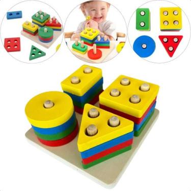 Imagem de Brinquedo educativo de encaixe geométrico em madeira infantil didático