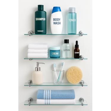 Imagem de Kit 4 Prateleiras de Vidro 35x10 cm – Porta Shampoo para Banheiro, Lavanderia e Cozinha – Organização e Estilo