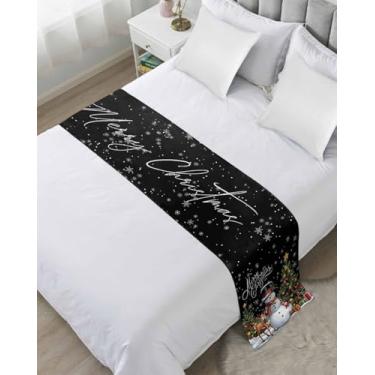 Imagem de DecorLovee Camas pretas de Natal para cama queen size, mantas decorativas para os pés da cama, boneco de neve de Natal, árvore de alce, floco de neve, cama, corredor, sofá, lenço, protetor para quarto