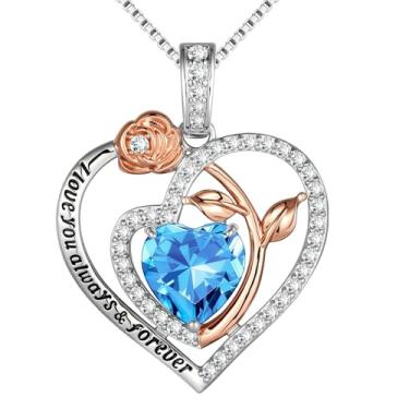 Imagem de Awinesn Colares de coração rosa para mulheres, pingente de pedra do mês de nascimento para mulheres, joias de aniversário, presentes de Natal para sua mãe, esposa, namorada, non, Cobre, Sem Pedra