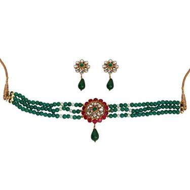 Imagem de Conjunto de gargantilha de joias com aparência de pérolas de esmeralda de rubi falso da Touchstone Indian Bollywood em tom dourado antigo