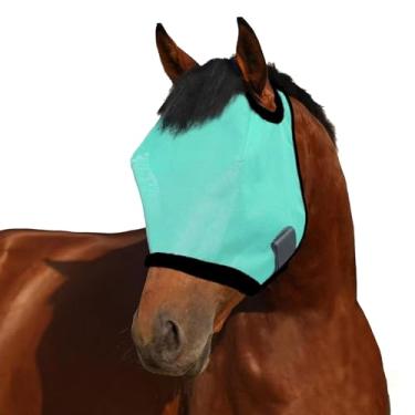 Imagem de Máscara de mosca de cavalo verde grande espaço respirável proteção UV conforto máscara de malha de rosto inteiro com alça ajustável para cavalos