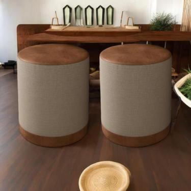 Imagem de KIT 2 PUFF Closet Penteadeira Banqueta Redonda LINHO BEGE ASSENTO EM C