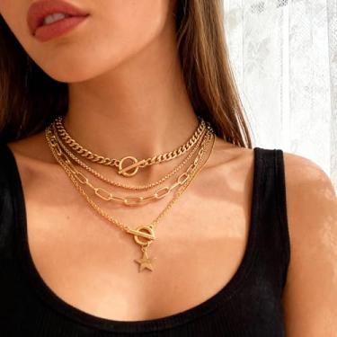 Imagem de Conjunto de colar com pingente em camadas, 4 peças, pingentes de pentagrama, colares empilháveis para mulheres, comprimento ajustável, Generic, Liga de aço, Sem Pedra Preciosa