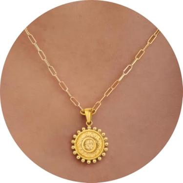 Imagem de Colar com pingente circular inicial A-Z, joia personalizada de aço inoxidável com bordas decorativas, adequado para mulheres, F, Aço inoxidável, Sem Pedra Preciosa