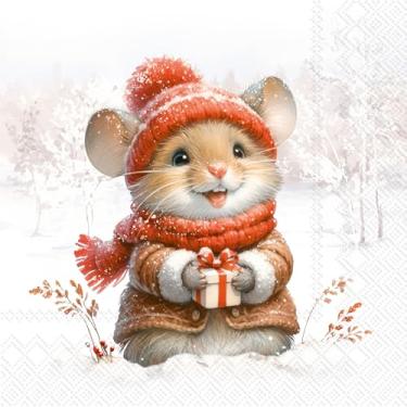 Imagem de 20 guardanapos Rato fofo de Natal com roupas de inverno como decoração de mesa. Guardanapos de papel com motivo. Também para decoupage e técnica de guardanapos 33 x 33 cm