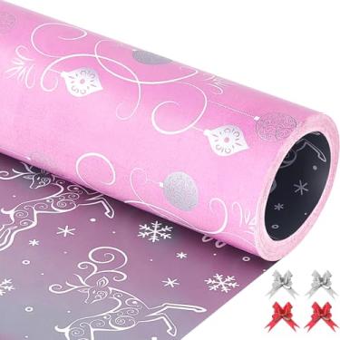 Imagem de EWES Conjunto de rolos de papel de embrulho de Natal rosa, embalagem de presente elegante estética fosca, padrão metálico com bola de Natal, rena, prata reversível, total de 28,5 m²