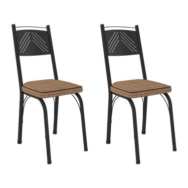 Imagem de Kit 2 Cadeiras De Cozinha Virginia Estampado Rattan Bege Pés De Ferro Preto