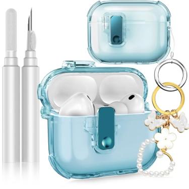 Imagem de Fotbor Capa para AirPods Pro 3 2025 com trava segura, capa de TPU transparente macia com limpador de fones de ouvido e chaveiro feminino fofo, antiarranhões [airbag], proteção contra quedas de nível