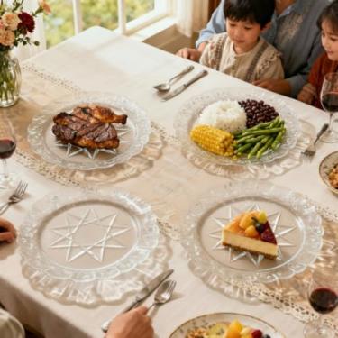 Imagem de Kit 8 Pratos de Vidro Egípcio Estrela Transparente – Conjunto de Pratos Fundos Resistentes para Mesa Posta Elegante | Design Clássico e Sofisticado(4 UNIDADES)