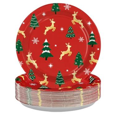 Imagem de Pratos de papel de árvore de Natal gregos, 50 peças, 25,4 cm, rena de Natal, resistentes, utensílios de mesa descartáveis de Natal para decorações de festas de Natal