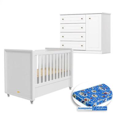 Imagem de Berço Tutto New E Cômoda Infantil Americano Branco Fosco Com Colchão Ortobom - Matic