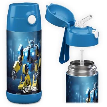 Imagem de Jarlson Charli Garrafa infantil de aço inoxidável com canudo – Frasco térmico de 350 ml – Testado TÜV – Livre de BPA – à prova de vazamento – Garrafa de água térmica para escola, berçário (robô 'Neo')