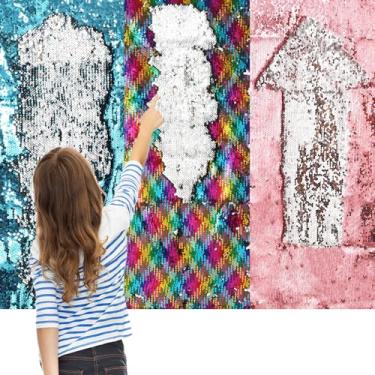 Imagem de FYSUIMU 3 peças de tecido dobrável de lantejoulas de parede sensorial, reversível, rosa, azul, 101 x 33 cm, decoração de quarto para sala de aula com autismo, sala de jogos, quarto