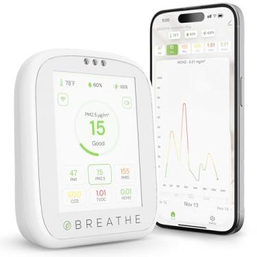 Imagem de Breathe Airmonitor Plus: Monitor de qualidade do ar interno 8 em 1 para casa e escritório - PM1.0, PM2.5, PM10, CO2, TVOC, formaldeído, medição de temperatura e umidade. Aplicativo gratuito para