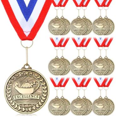 Imagem de Quelay 20 medalhas acadêmicas de excelência de ouro de 5 cm com fitas de pescoço, medalhas de vencedor, prêmios, troféus de metal a granel, presente para competições de adultos, torneios de educação