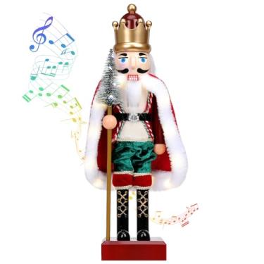 Imagem de Caixa de música quebra-nozes de plástico para decoração de Natal de 38 cm com 8 músicas de Natal e botão de luz LED de operação quebra-nozes soldado para presente para casa, decoração de Natal e