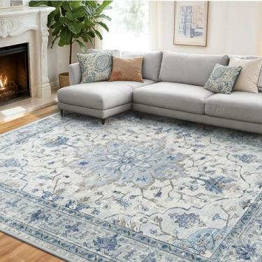 Imagem de RELEANY Area Rugs 20 x 25 cm lavável aspirador de pó, antiderrapante, floral, vintage, estampa de angústia, tapete medalhão para sala de estar, quarto, azul claro, azul-marinho, bege, cinza, branco