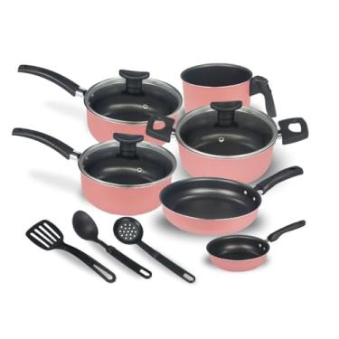 Imagem de Jogo de Panelas Kit 9 Pçs Antiaderente Tampa Vidro Teflon(Rose)