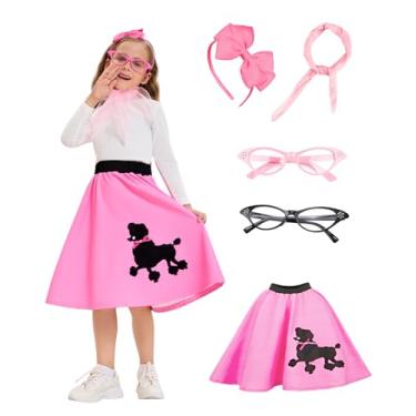 Imagem de Snirczs Girls' Poodle Skirt Costume - 1950s Retro, Skirt,Headband,Scarf, Glasses - Halloween, Parties, Retro Style (Pink)