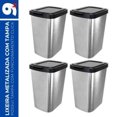 Imagem de Kit 4 Lixeira 9L Metalizado c/ Tampa Click Banheiro Cozinha - Arqplast